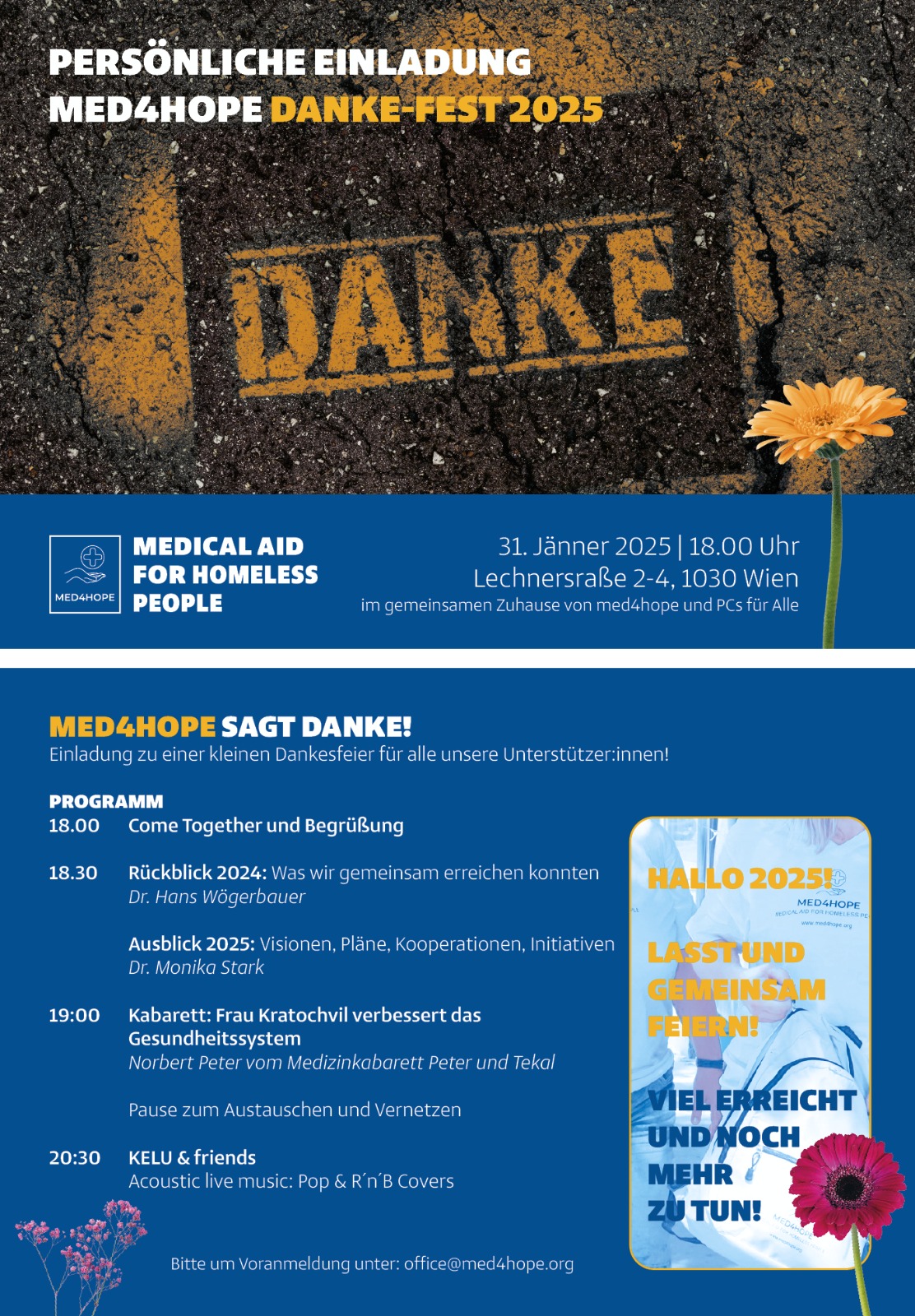 Einladung zur Dankesfeier von MED4HOPE